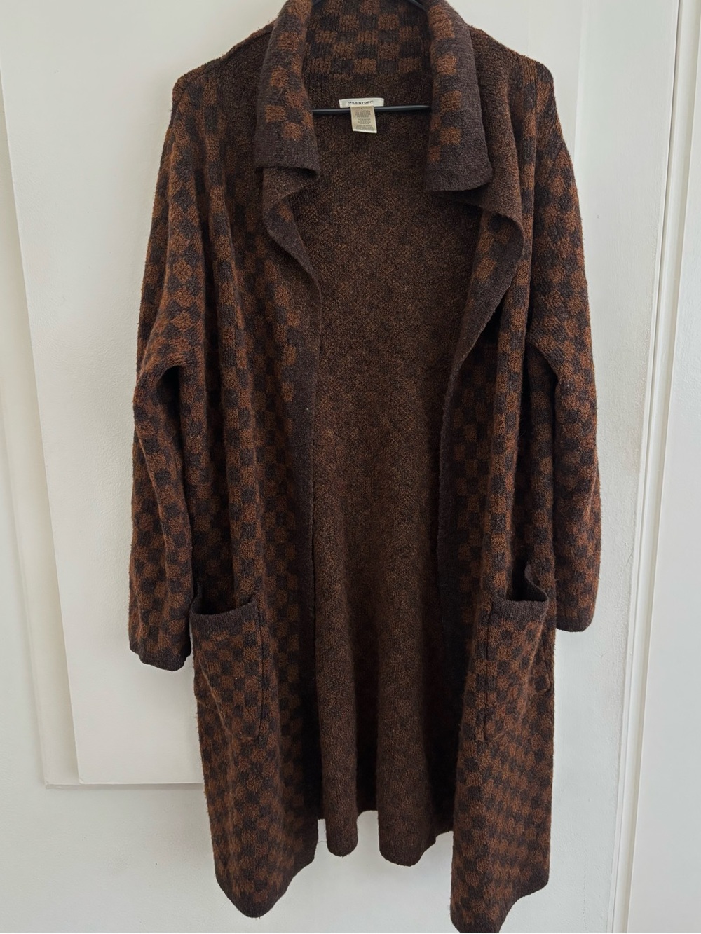 Max Studio Long Open-Front Brown Checkered Knit Cardigan